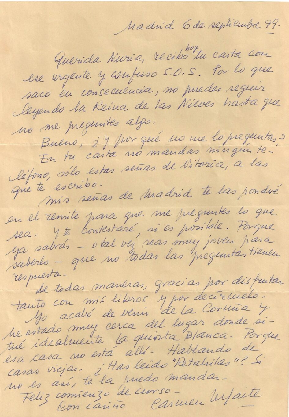 Carmen Martín Gaite, 6 de septiembre de 1999. Carta a la lectora Nuria R. Sebastián